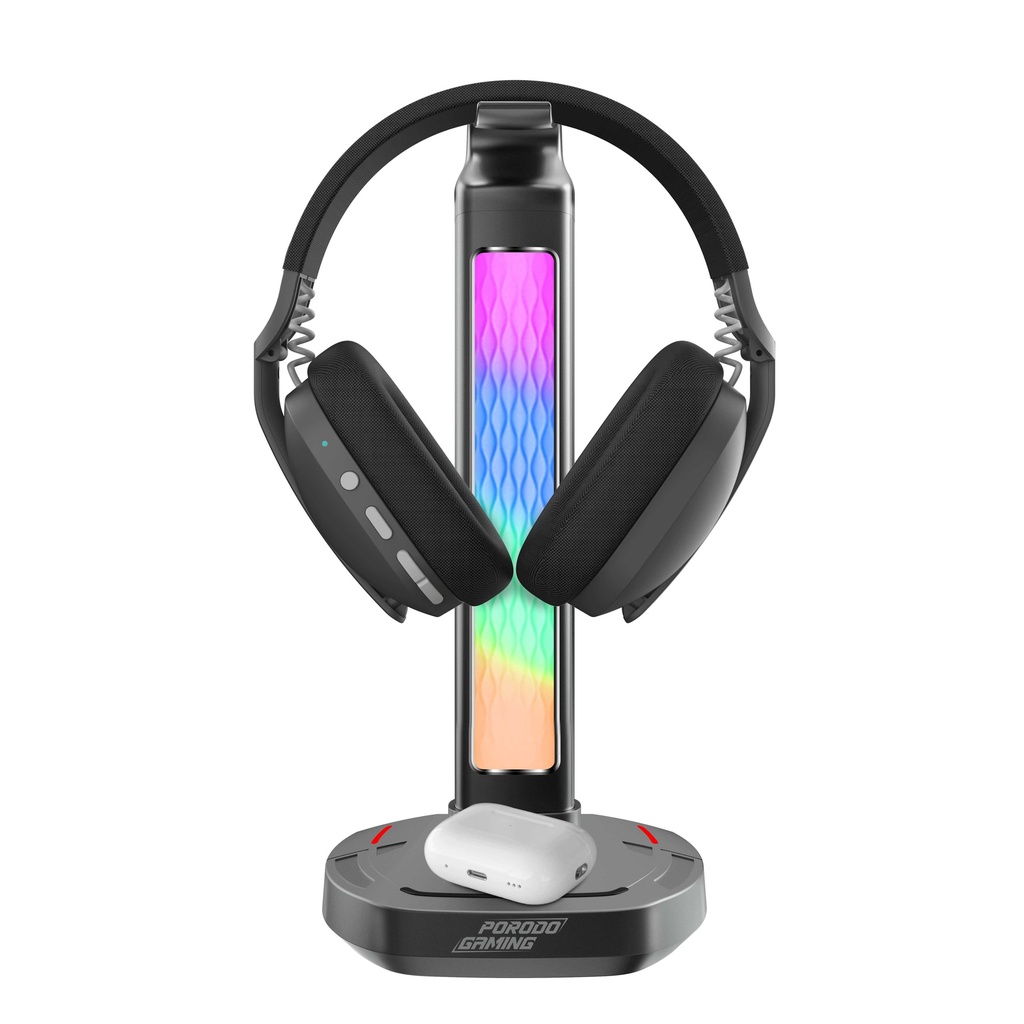 [PDX527] PORODO GAMING RGB HEADPHONE STAND, WIRELESS CHARGING & USB-C HUB WITH SCREEN LAMP 5W PDX527