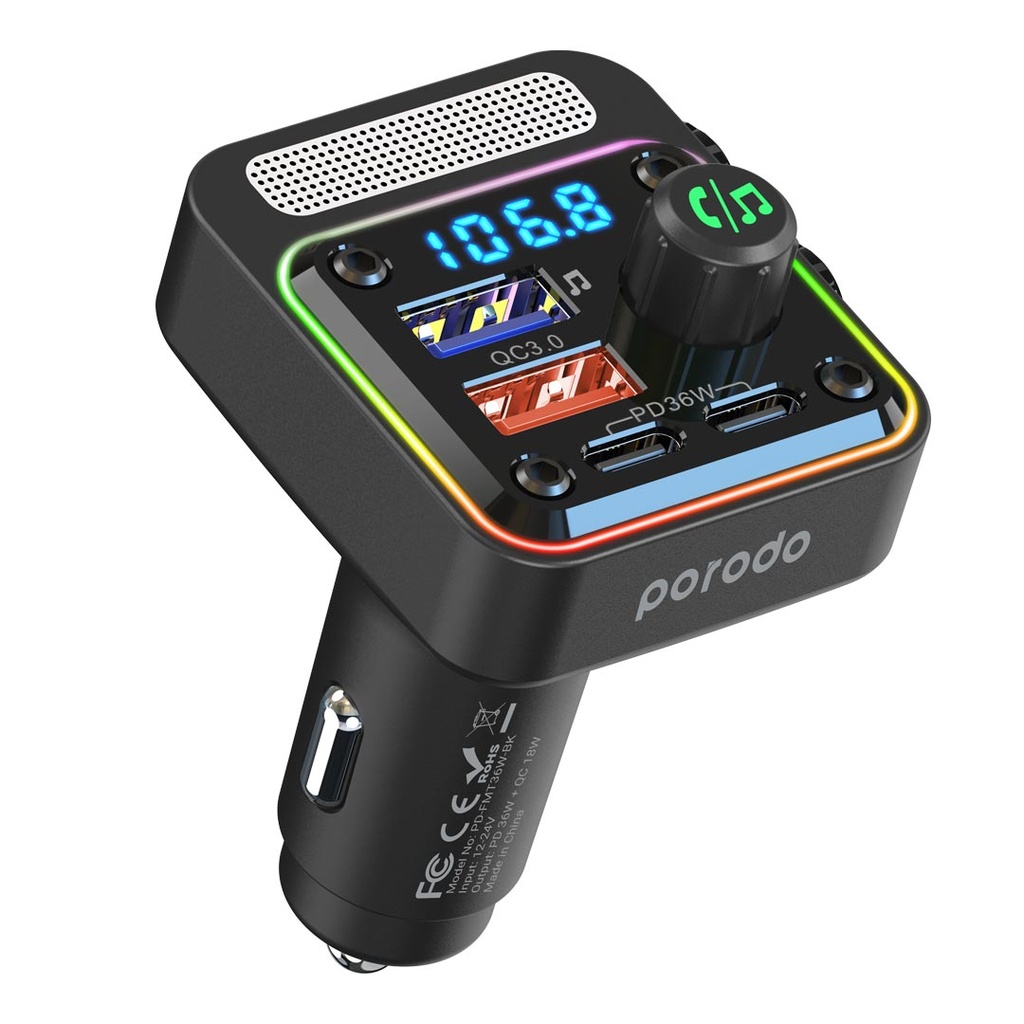 [PD-FMT36W-BK] Porodo Quick-Charge FM Car Charger