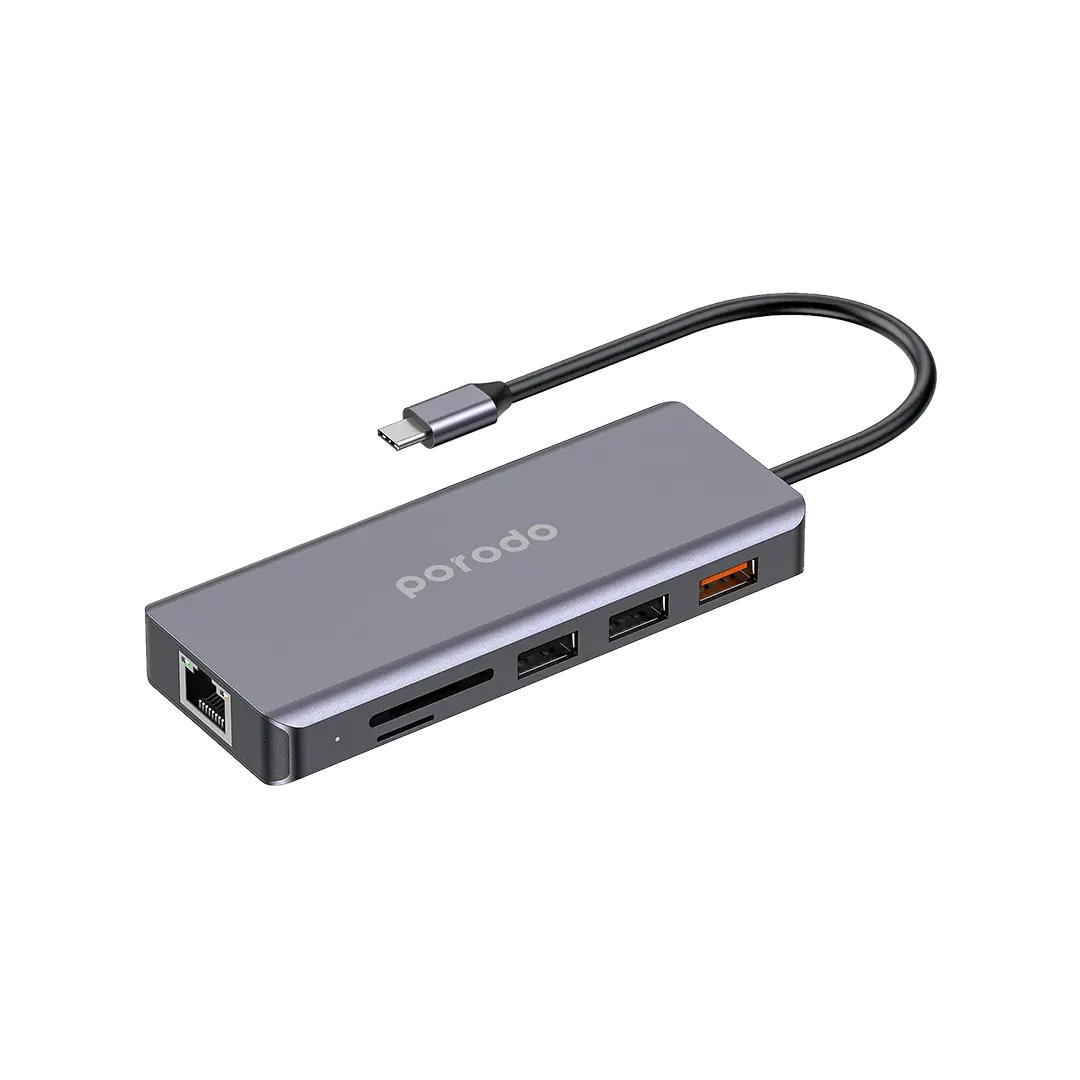 [PD-91CHB-GY] Porodo 9in1 USB-C Hub Type-C PD 100W HDMI Ethernet USB SD Card 3.5mm Aux