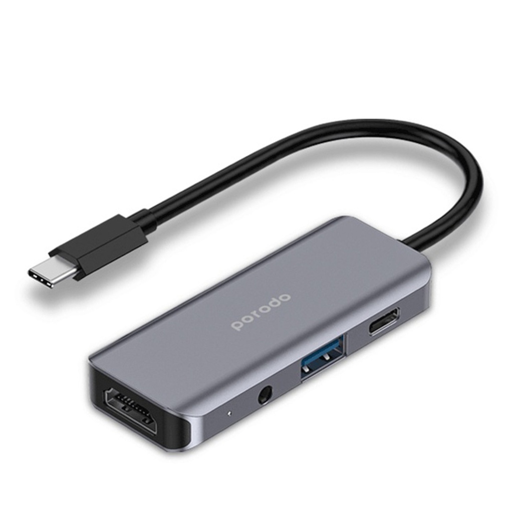[PD-41CHB-GY] Porodo 4in1 USB-C Hub Type-C PD 100W HDMI USB 3.5mm Aux