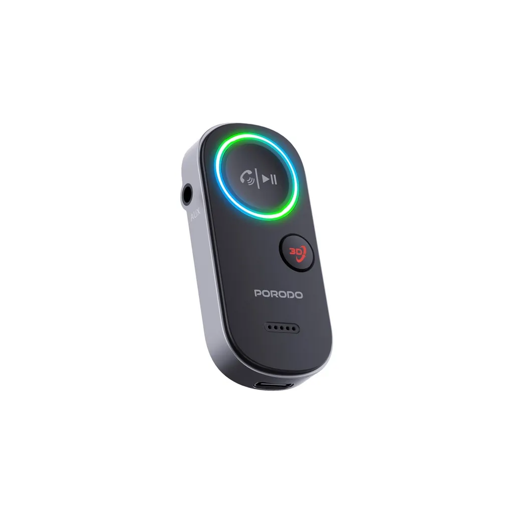 [PD-BTRCV-BK] Porodo Wired to Wireless BT Audio Transmitter, Bluetooth V5.4, 3D Surround Sound, Hands-Free Calls, Voice Assistant Enabled