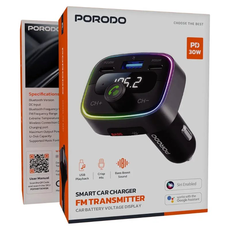 [PD-FM42WBB-BK] Porodo Smart Car Charger FM Transmitter with 24W PD Port & QC 3.0