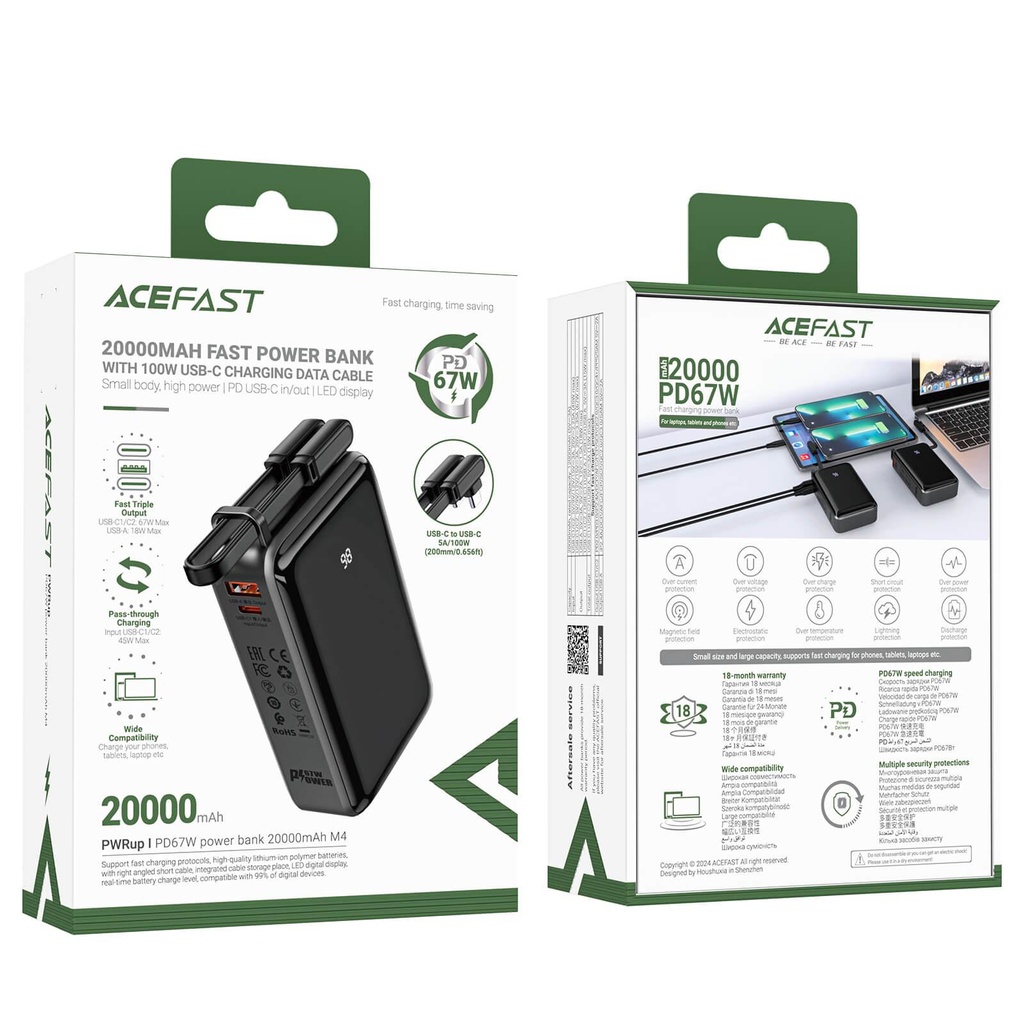 Acefast M4 PD 67W 20000mAh Powerbank with built-in cable